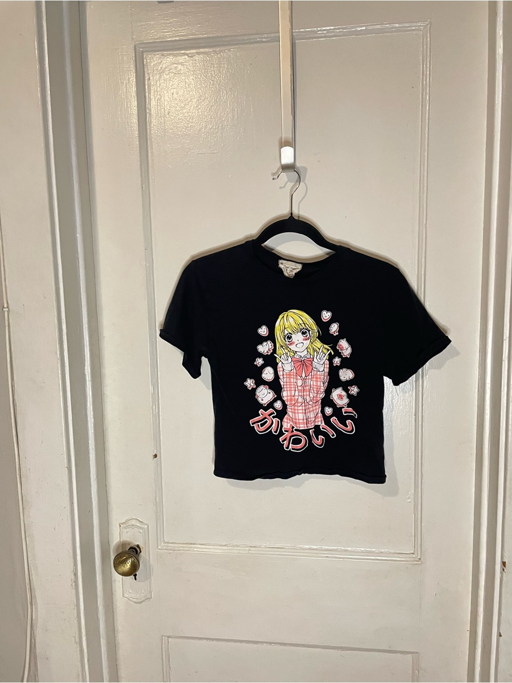 french pastry Black Crop Tee with Pink Kawaii Girl Graphic